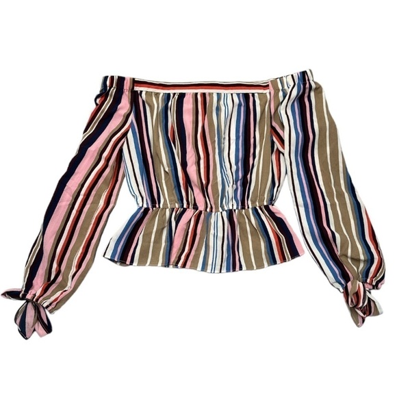 Lulu’s Off the Shoulder, Peplum Ruffled Cuff Bow Tie Cuffs Striped Top - Picture 4 of 13